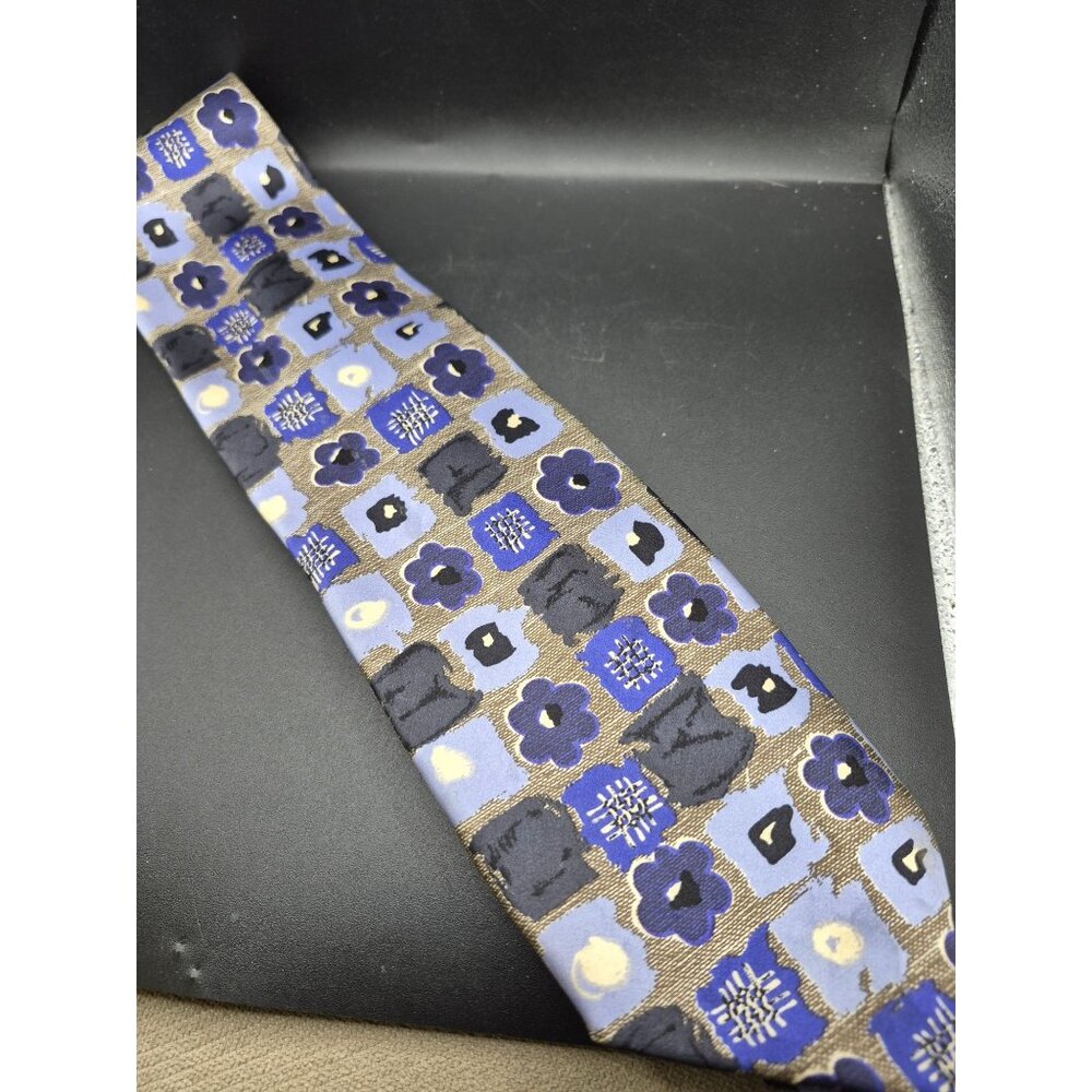 Mondo Di Marco Made In Italy 100% Silk Tie Blue Beige Floral Abstract Pattern